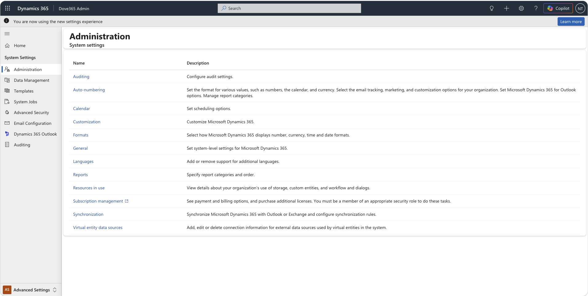 Dove365 Admin Advanced Settings area