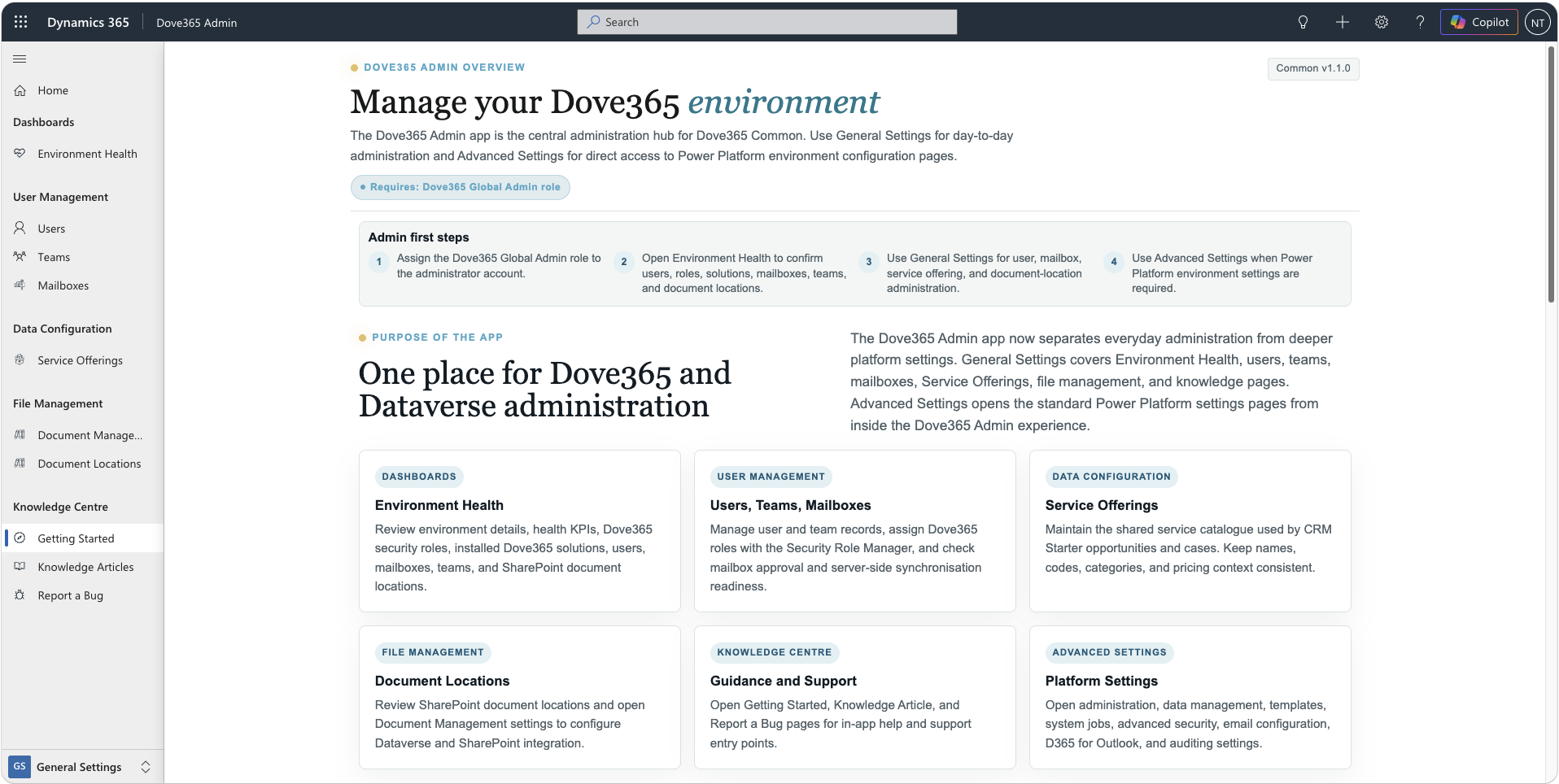 Dove365 Admin Getting Started page