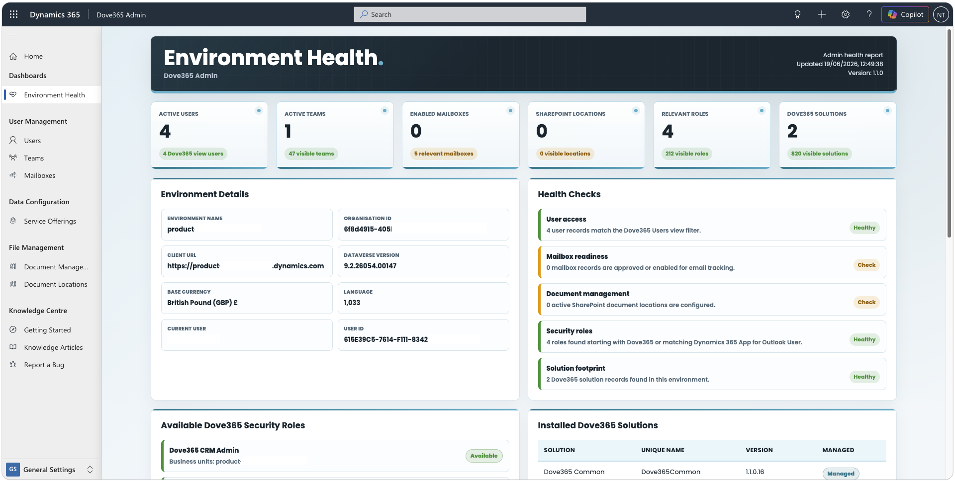 Dove365 Environment Health Dashboard