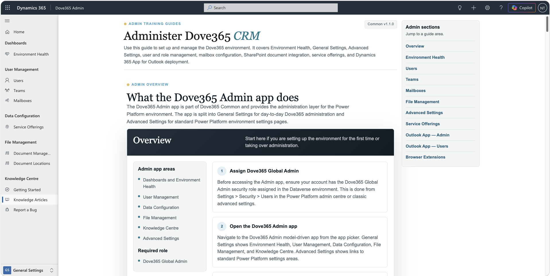 Dove365 Admin Knowledge Articles area