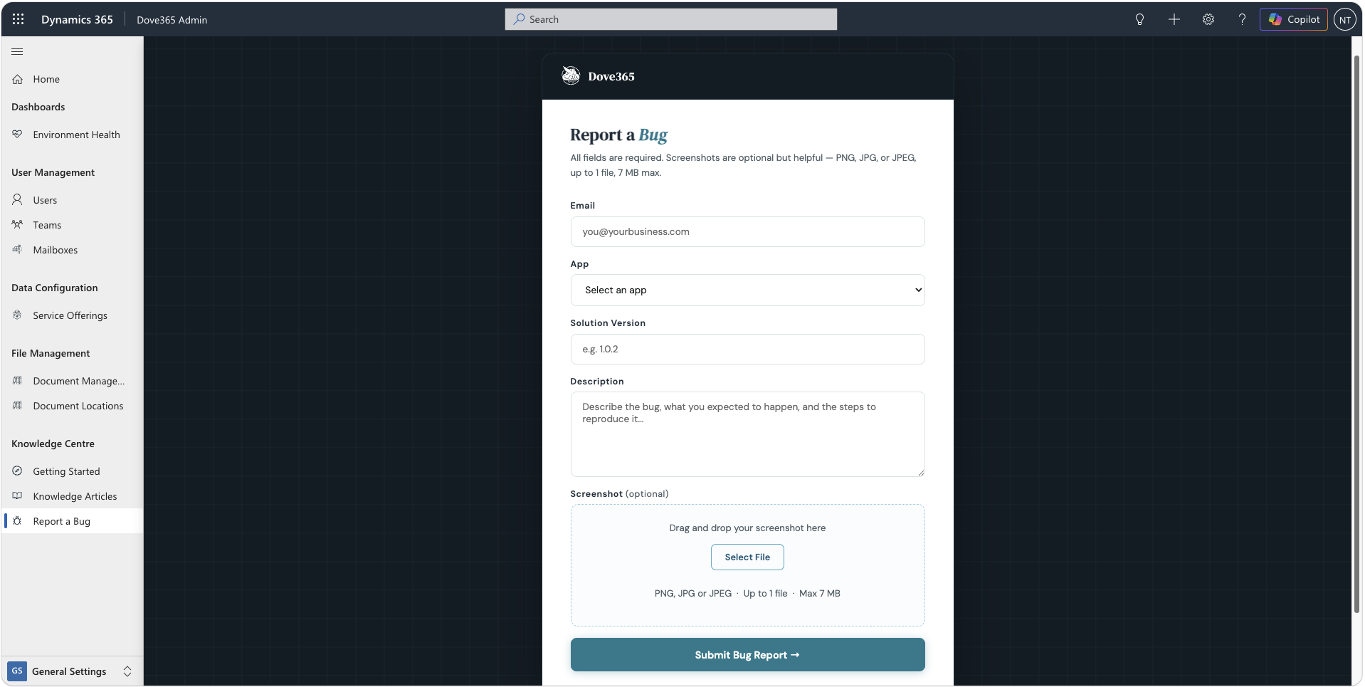 Dove365 Admin Report a Bug page