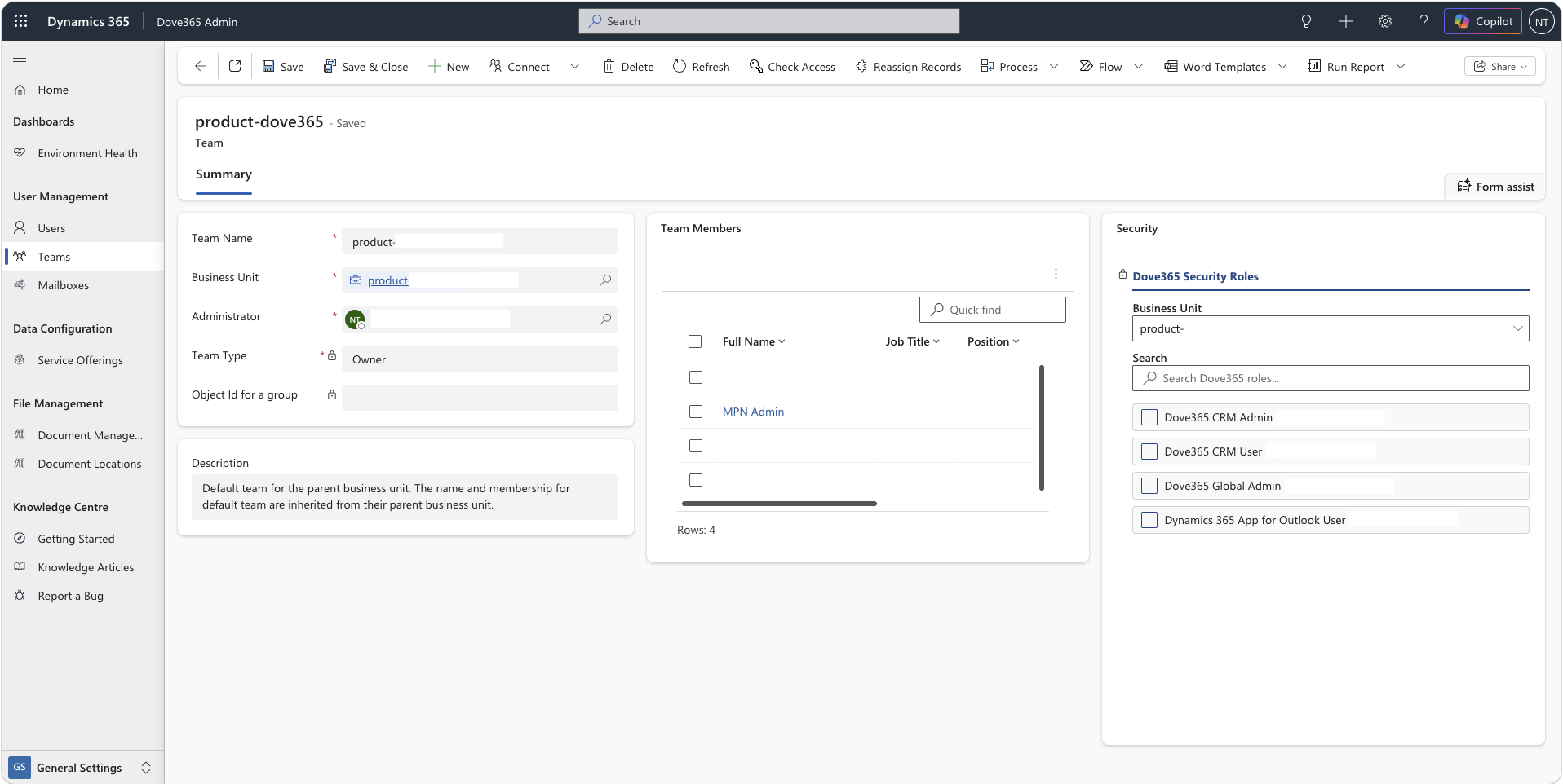 Dove365 Admin team form with Security Role Manager