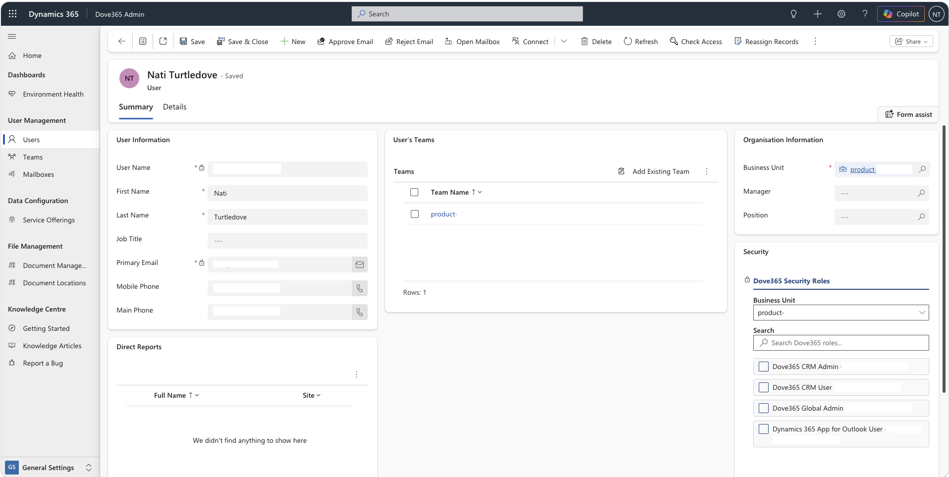 Dove365 Admin user form with security role manager