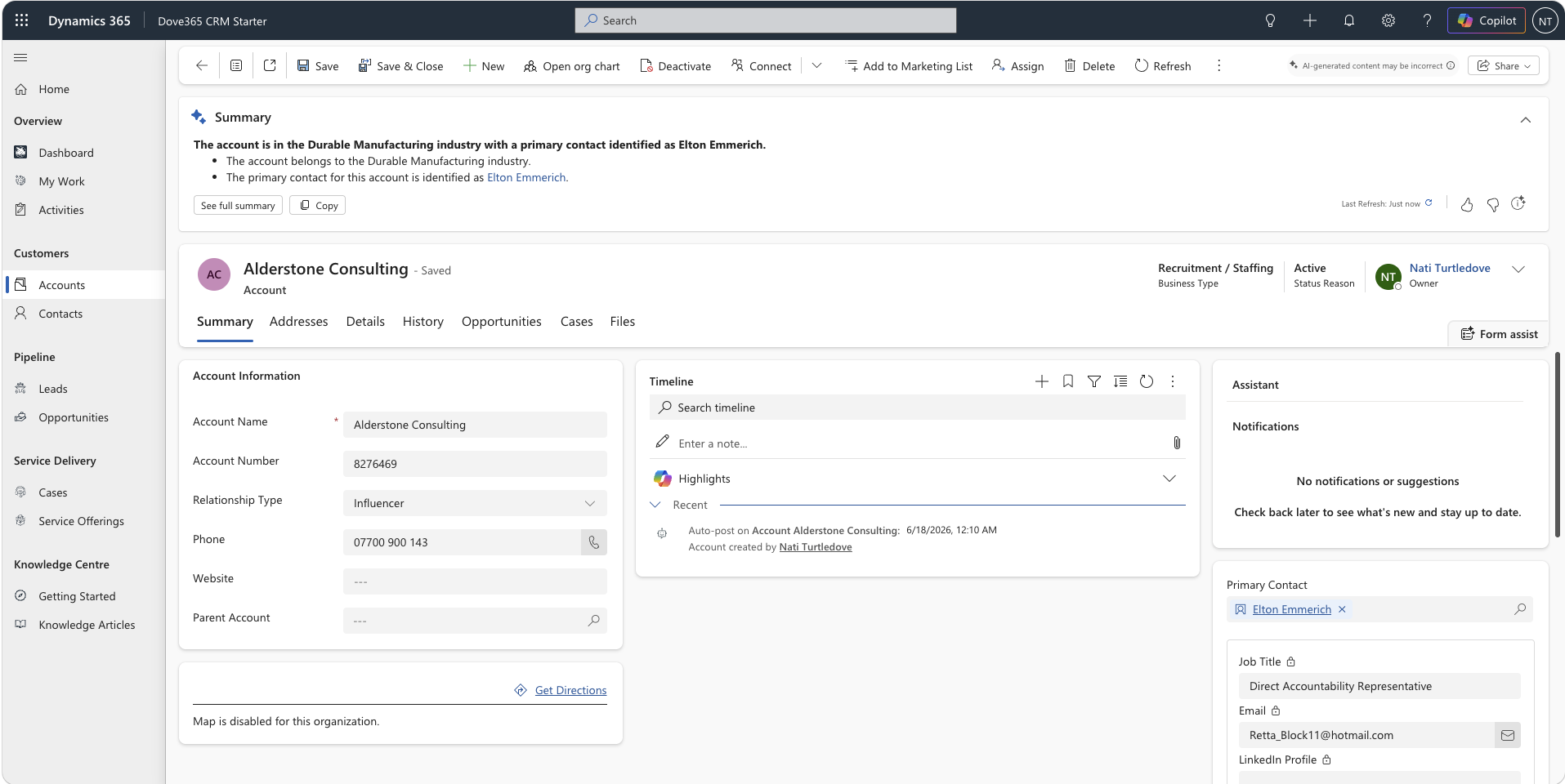 Dove365 CRM Account form
