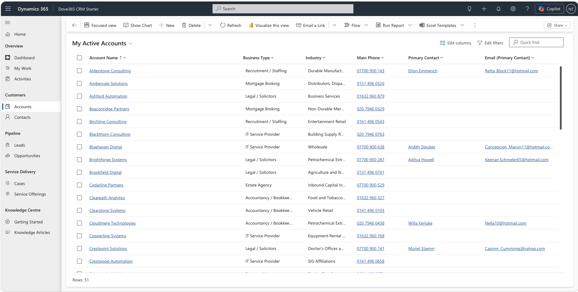 Dove365 CRM Accounts view