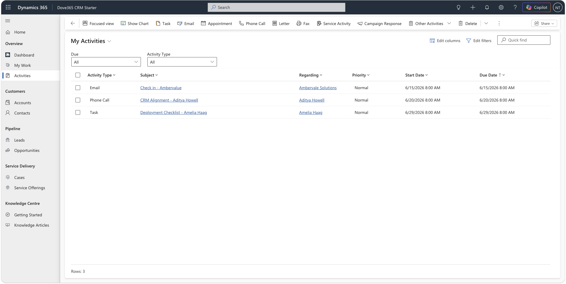 Dove365 CRM activity view showing customer activities and timeline work