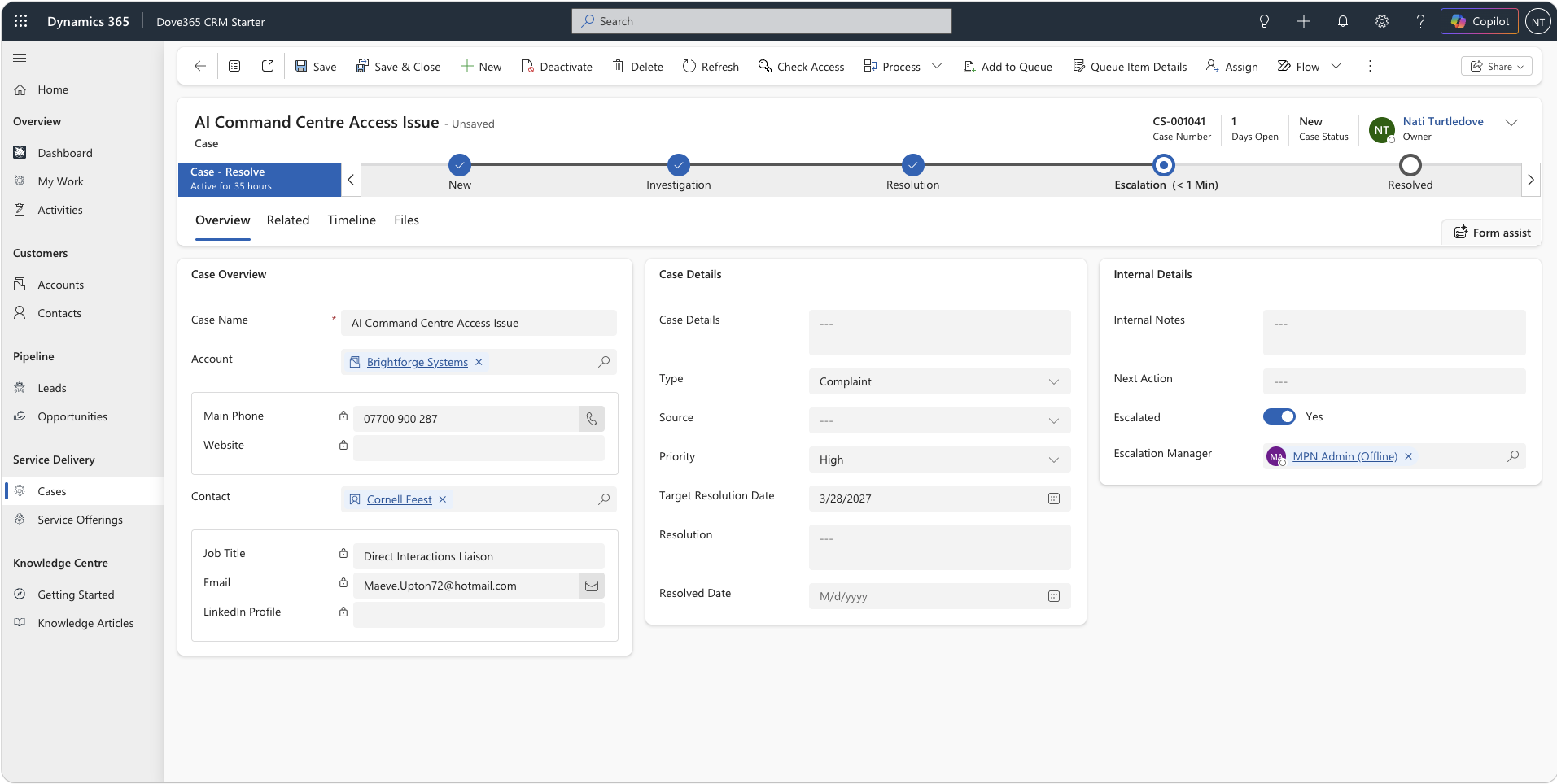 Dove365 CRM case form