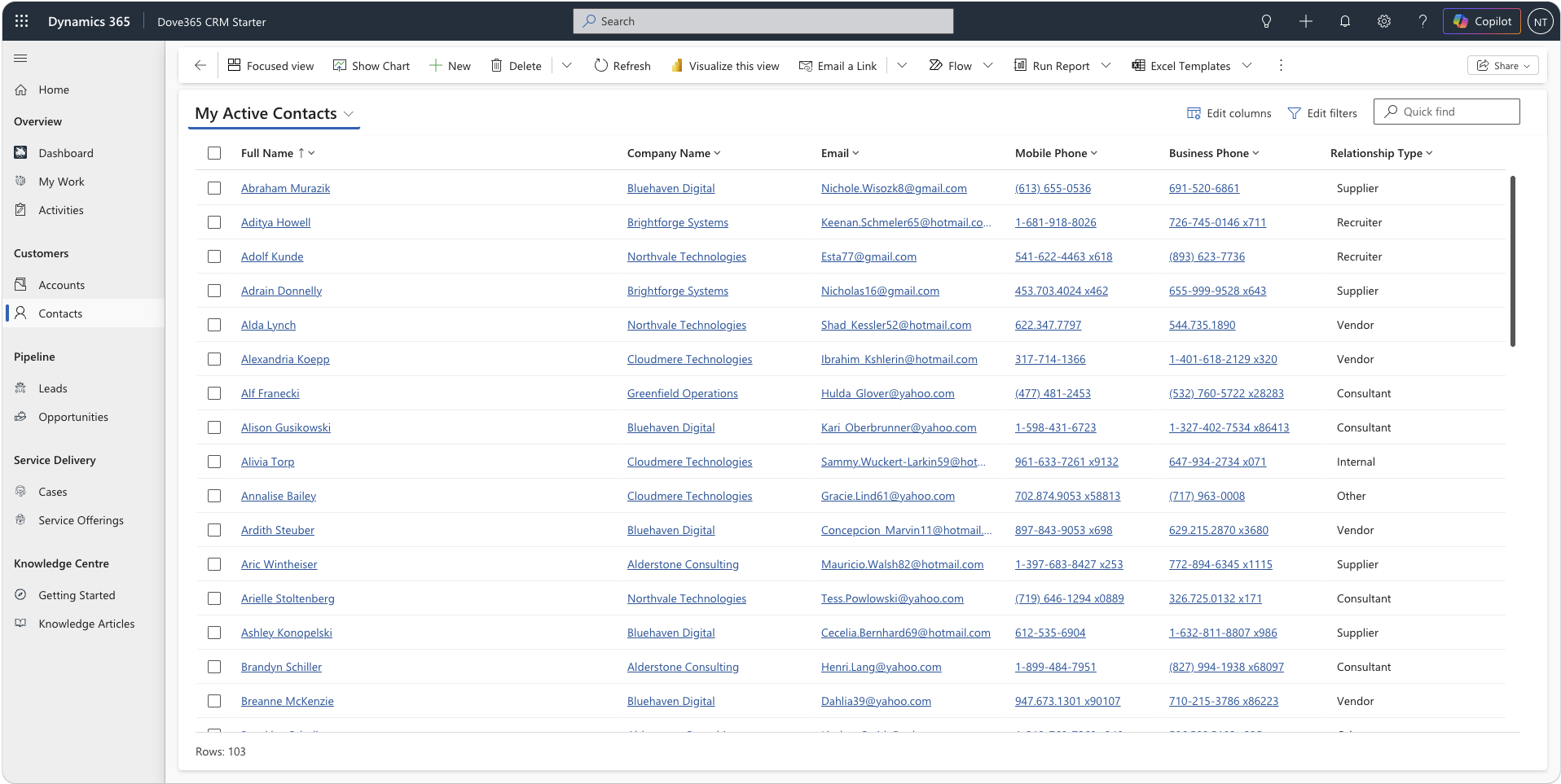 Dove365 CRM Contacts view