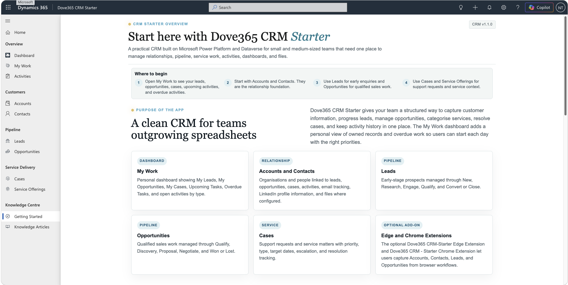 Dove365 CRM Starter Getting Started page with navigation guidance