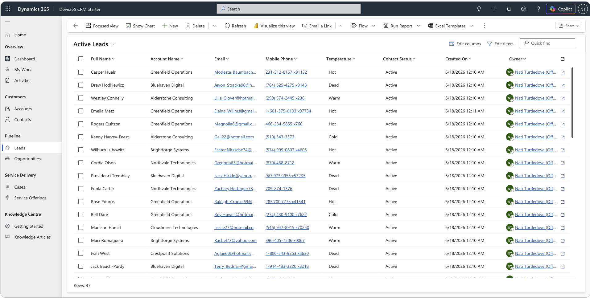 Dove365 CRM leads view