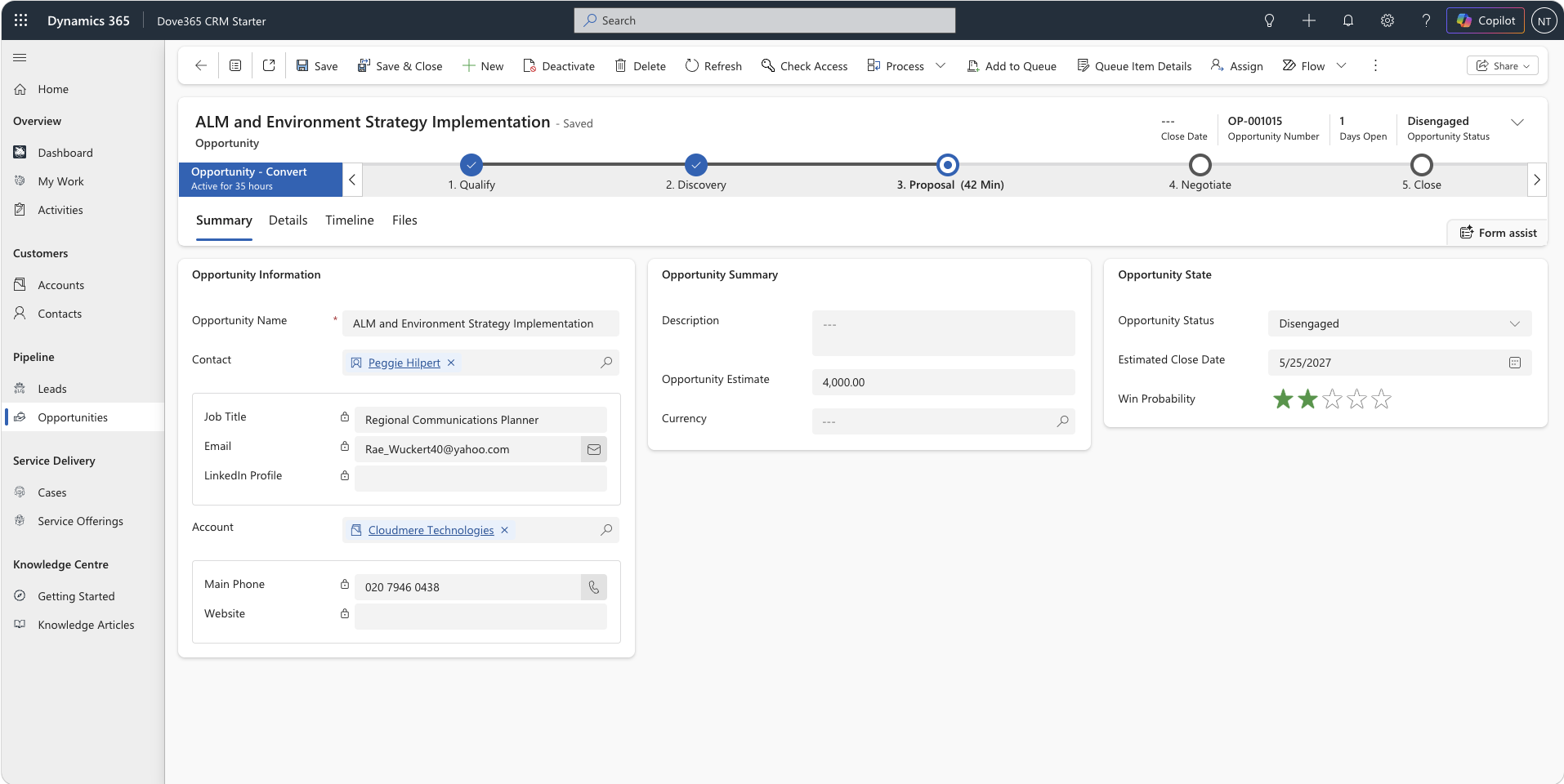 Dove365 CRM opportunity form